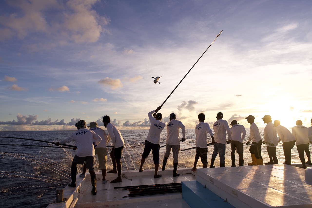 Kona pole and line crew fishing at sunset in the Maldives