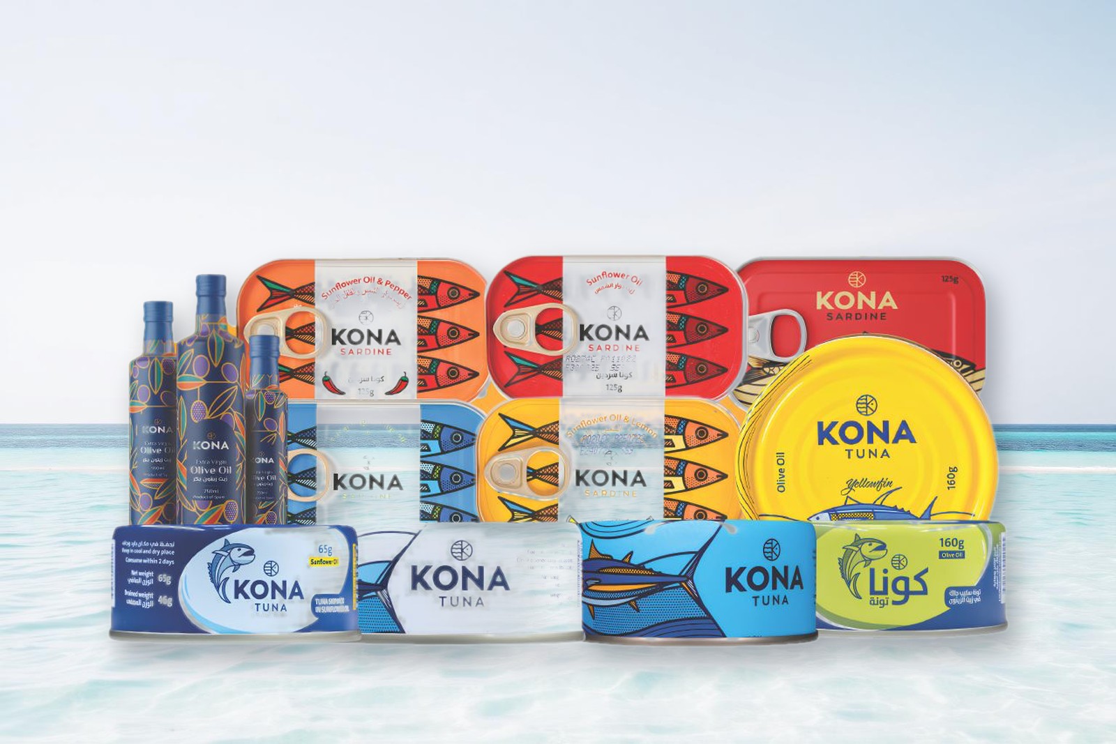 Stacked Kona tuna cans showing the product range